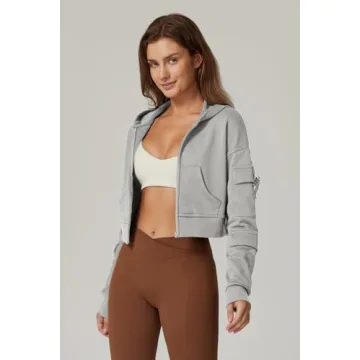 Stylish QINSEN Women's Cropped Zip Up Hoodie Grey