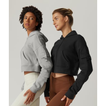 Stylish QINSEN Women's Cropped Zip Up Hoodie Grey