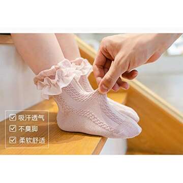 QandSweet Baby Girls' Eyelet Flower Socks Ankle Sock for Newborn Infant Toddlers Kids (6-9 years, Chiffon 5-Pairs)