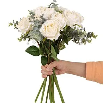 IPOPU White Roses Artificial Flowers 12pcs Vintage Dried White Flowers Artificial Roses Silk Flowers with Single Stem White Fake Rose for Wedding Centerpieces Wall Flowers Decorations (Off White)