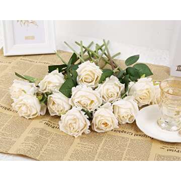 IPOPU White Roses Artificial Flowers 12pcs Vintage Dried White Flowers Artificial Roses Silk Flowers with Single Stem White Fake Rose for Wedding Centerpieces Wall Flowers Decorations (Off White)