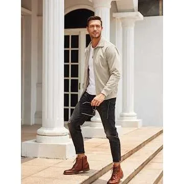 COOFANDY Men's Outdoor Corduroy Jacket Collared Fashion Fall Jacket Lightweight Work Outwear Khaki