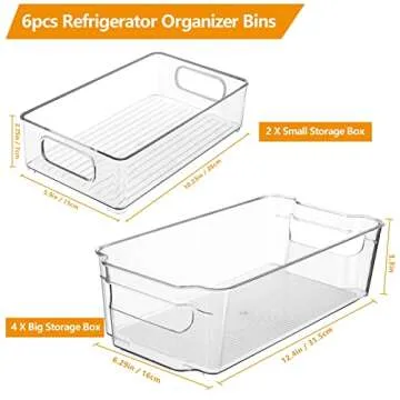 6 Pack 2 Sizes Clear Storage Bins, Stackable Storage Bins with Handles, Perfect Pantry Organization and Storage for Pantry, Fridge, Kitchen, Countertops, Bedrooms, Bathrooms