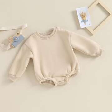 KtwHarnu Baby Boy Girl Fleece Sweatshirt Bubble Romper Oversized Solid Long Sleeve Sweater Romper Warm Fall Winter Outfit (Beige, 9-12 Months)