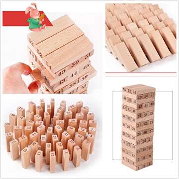 QZM Wooden Stacking Board Games Timber Tower Classic Best Family Fun Educational Games for Kids –Gifts Ideas Number Match (54 Pieces)