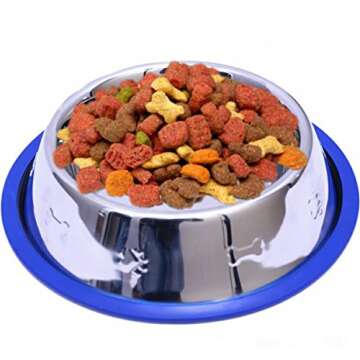 Set of 2 Etched Stainless Steel Dog Bowls, Easy to Clean with Non-Skid No-Tip Silicone Ring, Feeding...