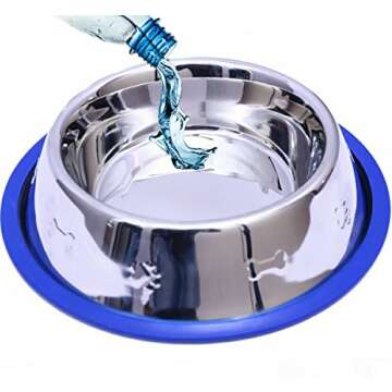 Set of 2 Etched Stainless Steel Dog Bowls, Easy to Clean with Non-Skid No-Tip Silicone Ring, Feeding Bowls for Dogs (2 Pak / 32oz Each Bowl)