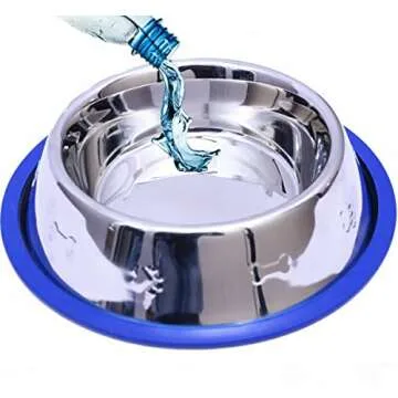 Set of 2 Etched Stainless Steel Dog Bowls, Easy to Clean with Non-Skid No-Tip Silicone Ring, Feeding Bowls for Dogs (2 Pak / 32oz Each Bowl)