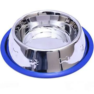 Set of 2 Etched Stainless Steel Dog Bowls, Easy to Clean with Non-Skid No-Tip Silicone Ring, Feeding Bowls for Dogs (2 Pak / 32oz Each Bowl)