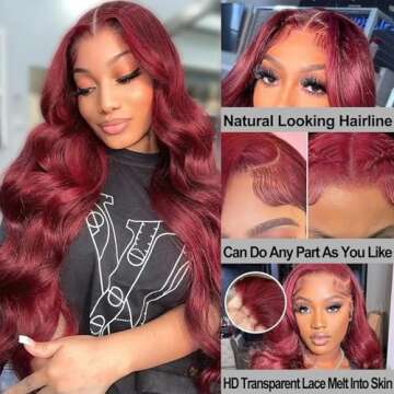 99J Burgundy Body Wave Lace Front Wigs Human Hair 200% Density 13x4 HD Transparent Lace Frontal Wigs...