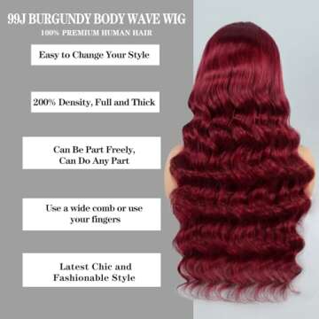 99J Burgundy Body Wave Lace Front Wigs Human Hair 200% Density 13x4 HD Transparent Lace Frontal Wigs Human Hair Pre Plucked Glueless Wine Red Colored Lace Front Wigs for Women (20 Inch)