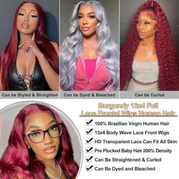 99J Burgundy Body Wave Lace Front Wigs Human Hair 200% Density 13x4 HD Transparent Lace Frontal Wigs Human Hair Pre Plucked Glueless Wine Red Colored Lace Front Wigs for Women (20 Inch)