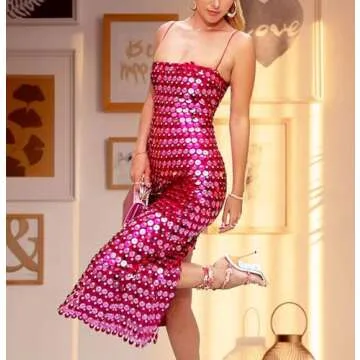 JSXZMMSM Womens Sequin Dress Sparkly Sleeveless Spaghetti Strap Slit Cocktail Wedding Midi Dress Plum Red