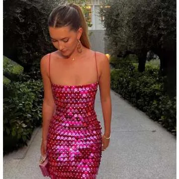 JSXZMMSM Womens Sequin Dress Sparkly Sleeveless Spaghetti Strap Slit Cocktail Wedding Midi Dress Plum Red