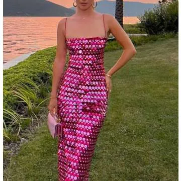 JSXZMMSM Womens Sequin Dress Sparkly Sleeveless Spaghetti Strap Slit Cocktail Wedding Midi Dress Plum Red