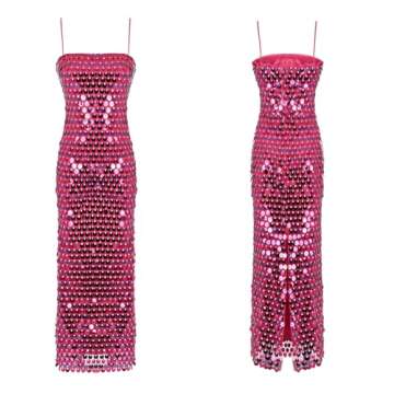 JSXZMMSM Womens Sequin Dress Sparkly Sleeveless Spaghetti Strap Slit Cocktail Wedding Midi Dress Plum Red
