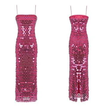 JSXZMMSM Womens Sequin Dress Sparkly Sleeveless Spaghetti Strap Slit Cocktail Wedding Midi Dress Plum Red