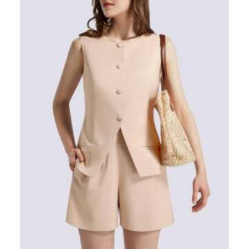 Casly Lamiit Women 2 Piece Outfits 2025 Spring Summer Sets High Wasited Shorts Pants Matching Set Aesthetic Outfits Sleeveless Top Clothing Beige M