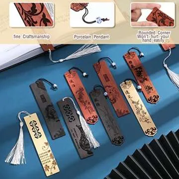10 Pcs Wooden Bookmark Craft with 10 Pcs Velvet Bags Set Handmade Wooden Carving Book Mark with Porcelain Pendant for Women Men for Office Teacher Students Supplies (Elegant Style)