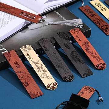 10 Pcs Wooden Bookmark Craft with 10 Pcs Velvet Bags Set Handmade Wooden Carving Book Mark with Porcelain Pendant for Women Men for Office Teacher Students Supplies (Elegant Style)