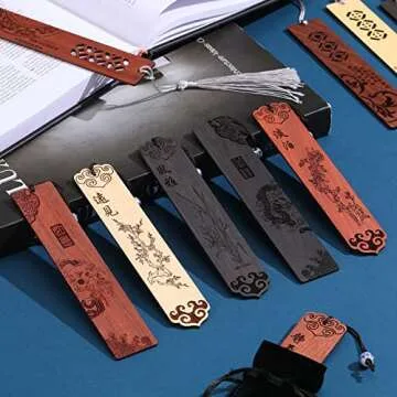 10 Pcs Wooden Bookmark Craft with 10 Pcs Velvet Bags Set Handmade Wooden Carving Book Mark with Porcelain Pendant for Women Men for Office Teacher Students Supplies (Elegant Style)