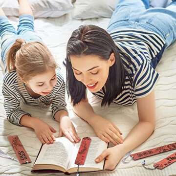 10 Pcs Wooden Bookmark Craft with 10 Pcs Velvet Bags Set Handmade Wooden Carving Book Mark with Porcelain Pendant for Women Men for Office Teacher Students Supplies (Elegant Style)