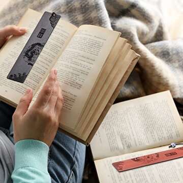 10 Pcs Wooden Bookmark Craft with 10 Pcs Velvet Bags Set Handmade Wooden Carving Book Mark with Porcelain Pendant for Women Men for Office Teacher Students Supplies (Elegant Style)