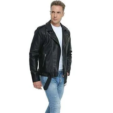 Fahsyee Leather Jackets for Men, Faux Bomber Jacket Mens Motorcycle Lapel Asymmetric Zip-Up Belt Slim Fit Biker Coat Black XXL
