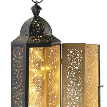 LampLust Moroccan Lantern Decorative Indoor, 12 in Decorative Lanterns for Home Decor, Black & Gold Moroccan Lantern Decor, LED Fairy Lights Included, Star Lanterns for Centerpiece Table Decorations