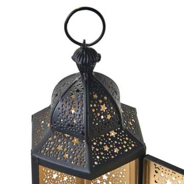 LampLust Moroccan Lantern Decorative Indoor, 12 in Decorative Lanterns for Home Decor, Black & Gold Moroccan Lantern Decor, LED Fairy Lights Included, Star Lanterns for Centerpiece Table Decorations