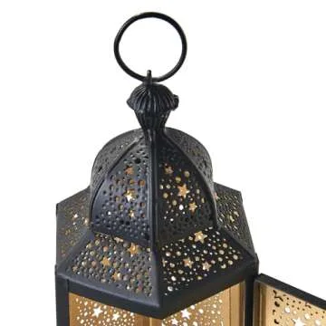 LampLust Moroccan Lantern Decorative Indoor, 12 in Decorative Lanterns for Home Decor, Black & Gold Moroccan Lantern Decor, LED Fairy Lights Included, Star Lanterns for Centerpiece Table Decorations
