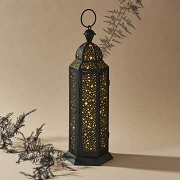 LampLust Moroccan Lantern Decorative Indoor, 12 in Decorative Lanterns for Home Decor, Black & Gold Moroccan Lantern Decor, LED Fairy Lights Included, Star Lanterns for Centerpiece Table Decorations