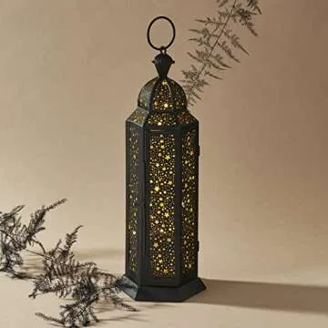 LampLust Moroccan Lantern Decorative Indoor, 12 in Decorative Lanterns for Home Decor, Black & Gold Moroccan Lantern Decor, LED Fairy Lights Included, Star Lanterns for Centerpiece Table Decorations