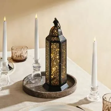 LampLust Moroccan Lantern Decorative Indoor, 12 in Decorative Lanterns for Home Decor, Black & Gold Moroccan Lantern Decor, LED Fairy Lights Included, Star Lanterns for Centerpiece Table Decorations