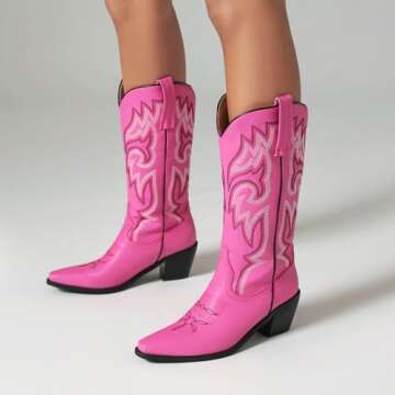 heelchic Womens Embroidered Cowboy Cowgirl Boots Snip Toe Chunky Heel Western Boots Pull On Mid Calf...