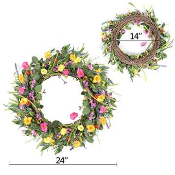WINDUDU 24 Inch Summer Wreath for Front Door Artificial Eucalyptus Wreath Large Summer Lavender Floral Wreath Flower Wall Decor
