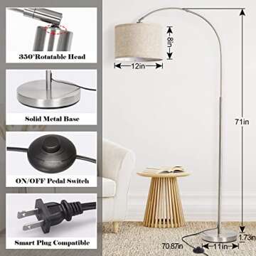 Arc Floor Lamp, Modern Floor Lamp for Living Room with Adjustable Head, Tall Pole Lamp with On/Off P...