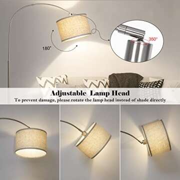 Arc Floor Lamp, Modern Floor Lamp for Living Room with Adjustable Head, Tall Pole Lamp with On/Off Pedal Switch, Over Couch Arched Tall Standing Light for Reading, Bedroom, Office (Silver)