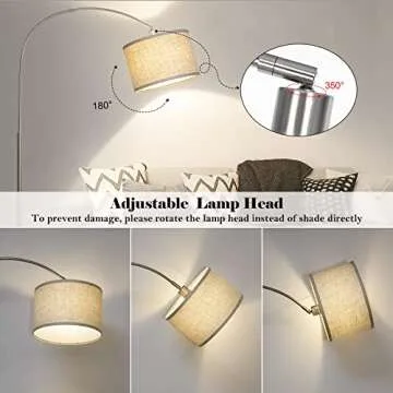 Arc Floor Lamp, Modern Floor Lamp for Living Room with Adjustable Head, Tall Pole Lamp with On/Off Pedal Switch, Over Couch Arched Tall Standing Light for Reading, Bedroom, Office (Silver)