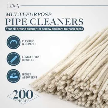 Lova Pipe Cleaners Bulk (200 Hard Bristle) Easily Cleans, Glass Pipe Cleaner for Cleaning, Arts and Crafts, Glass Pipes, Pipecleaners, Chenille Stems, (6 Inchs), 100% Cotton, Steel Wire, White