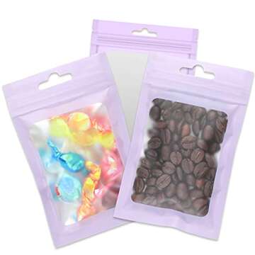 Boao 100 Pieces Resealable Foil Food Storage Bags with Clear Window Coffee Beans Candy Packaging Pouch for Food Small Business Supplies for Jewelry Self Sealed Storage Bags(3 x 4.7 Inch,Light Purple)