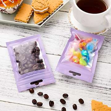 Boao 100 Pieces Resealable Foil Food Storage Bags with Clear Window Coffee Beans Candy Packaging Pouch for Food Small Business Supplies for Jewelry Self Sealed Storage Bags(3 x 4.7 Inch,Light Purple)