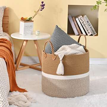 KAKAMAY Large Blanket Basket (18"x18"x16"),Woven Baby Laundry Hamper for Storage, Cotton Rope Blanke...