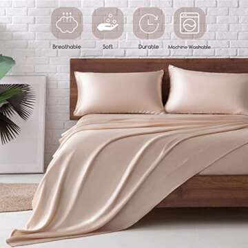 MR&HM Satin Bed Sheets, Queen Size Sheets Set, 4 Pcs Silky Bedding Set with 15 Inches Deep Pocket for Mattress (Queen, Champagne)