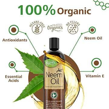 Just Trusted Organics - Organic Neem Oil, 100% Pure, Cold Pressed 16 Fluid Ounces