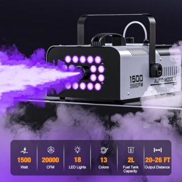 1500W Fog Machine Outdoor Indoor, Halloween Smoke Machine with 20000 CFM Fog Output, 18 Lights 13 Co...