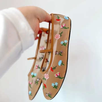Nude Mesh Ballet Flats for Women Embroidered Floral Round Toe Mary Jane Flats Casual Comfortable Ballerina Flats with Strap