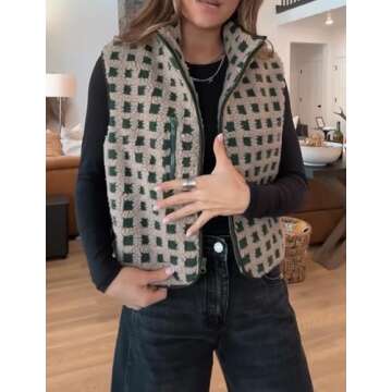 VALOZENC Womens Sleeveless Checkered Sherpa Vest with Pocket Zip Up Fleece Crochet Collar for Style ...