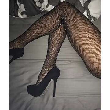 Anlaey Women's Sparkly Rhinestone Fishnet Tights Rave Fishnets Outfit Pantyhose High Waist Stockings for Halloween Party