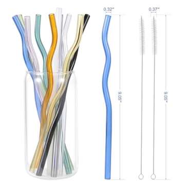10 Pcs Reusable Wavy Colorful Glass Straws,9''x8 mm Shatter Resistant Cute Drinking Straws with 2 Cl...